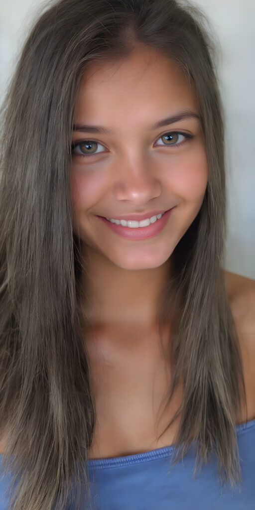 ((full body shot)) a joyfully cute (((young tanned teen girl))), with long, soft straight black (((hair))), the hair falls gently over her upper body and is the same length on both sides, exquisitely detailed amber eyes, dressed in a sleek, form-fitting blue (((crop tank top))), she has a perfect curved fit body, full lips, her expression radiating pure elation towards the viewer, detailed, realistic, 4k