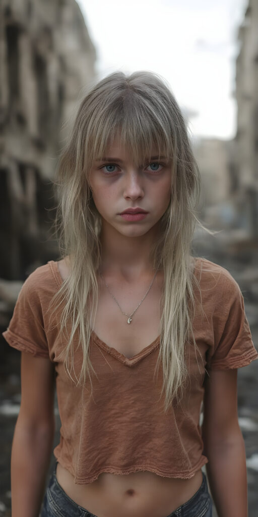 ((full body shot)) a poignant and emotionally resonant image portraying a young, abandoned, and destitute petite busty teen girl, clad in a tattered, short cropped t-shirt, deep v-neck, with very long, messy white wet straight hair, bangs frame her round face, showcasing her pale, emaciated, and slightly skeletal features. She stands in front, looking mournfully at the viewer, she stands in a destroyed and devastated city in the street, photo-realistic, high-resolution image, capturing the essence of a teenager's psychological and emotional state, she has a perfect curved female body, realistic colors, perfect light and shadows, wears a fine silver necklace, shows her perfect belly button