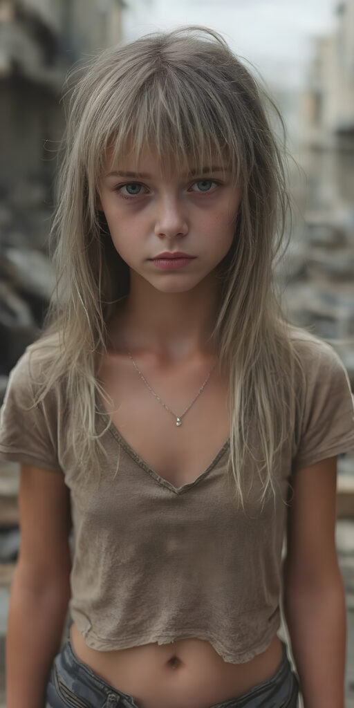 ((full body shot)) a poignant and emotionally resonant image portraying a young, abandoned, and destitute petite busty teen girl, clad in a tattered, short cropped t-shirt, deep v-neck, with very long, messy white wet straight hair, bangs frame her round face, showcasing her pale, emaciated, and slightly skeletal features. She stands in front, looking mournfully at the viewer, she stands in a destroyed and devastated city in the street, photo-realistic, high-resolution image, capturing the essence of a teenager's psychological and emotional state, she has a perfect curved female body, realistic colors, perfect light and shadows, wears a fine silver necklace, shows her perfect belly button