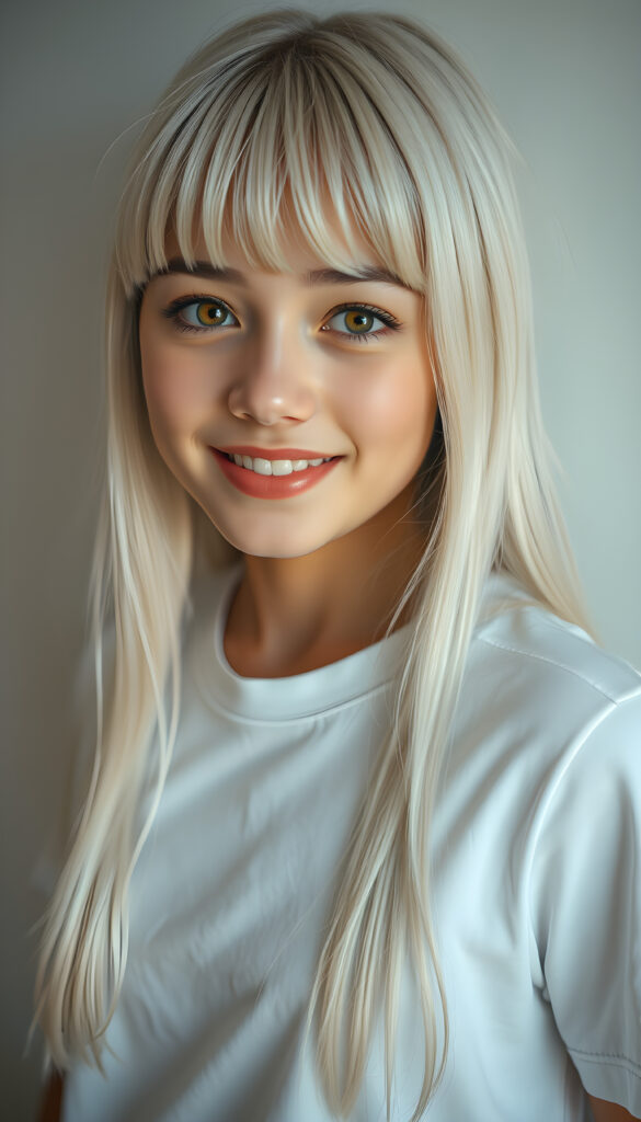 ((full body shot)) a vibrant and whimsical scene featuring a innocent teenage girl with adorable style bangs and a perfectly curved silhouette. Her ultra-realistic round face is adorned with sparkling amber eyes and a subtle smile, revealing her white teeth. Her long, straight open soft white hair cascades down in a soft, flowing manner. She wears a crisp white t-shirt, deep neck, adding to her fresh and youthful appearance. The image is richly saturated, with deep shadows and ultra-high, resolution, making it a stunning masterpiece that captures the essence of innocence and beauty, view from the front, studio backdrop