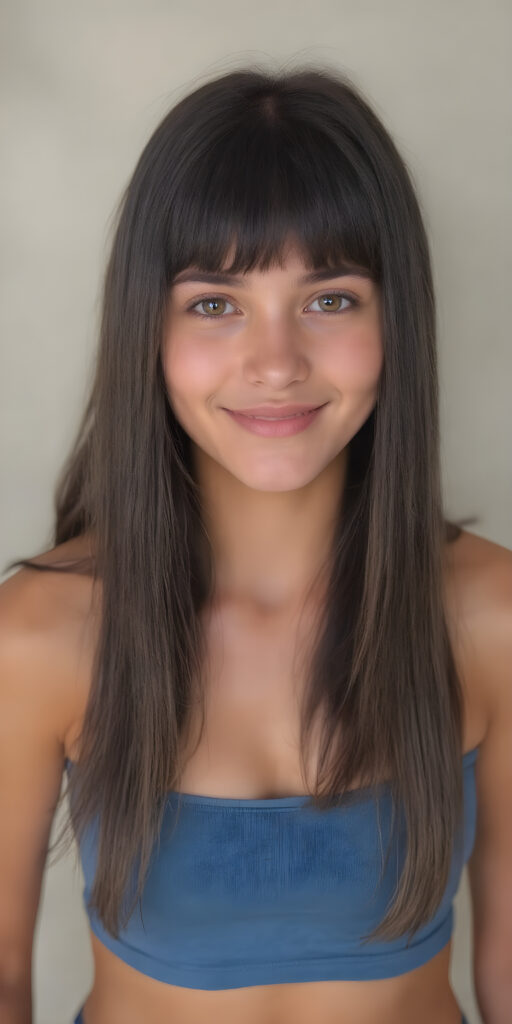 ((full body shot)) a joyfully cute (((young tanned teen girl))), with long, soft straight black (((hair))), the hair falls gently over her upper body and is the same length on both sides, bangs cut frame her round face, exquisitely detailed amber eyes, dressed in a sleek, form-fitting blue (((crop tank top))), she has a perfect curved fit body, full lips, her expression radiating pure elation towards the viewer, detailed, realistic, 4k