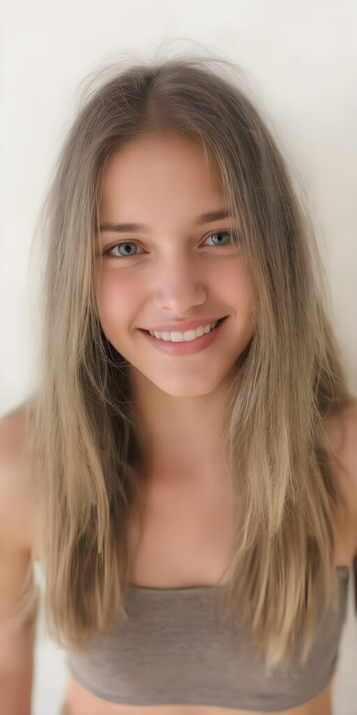 ((full body shot)) a joyfully gazing (((young adult girl))), with long, soft, straight (((hair))), exquisitely detailed eyes, dressed in a sleek, form-fitting (((crop top))), her expression radiating pure elation towards the viewer