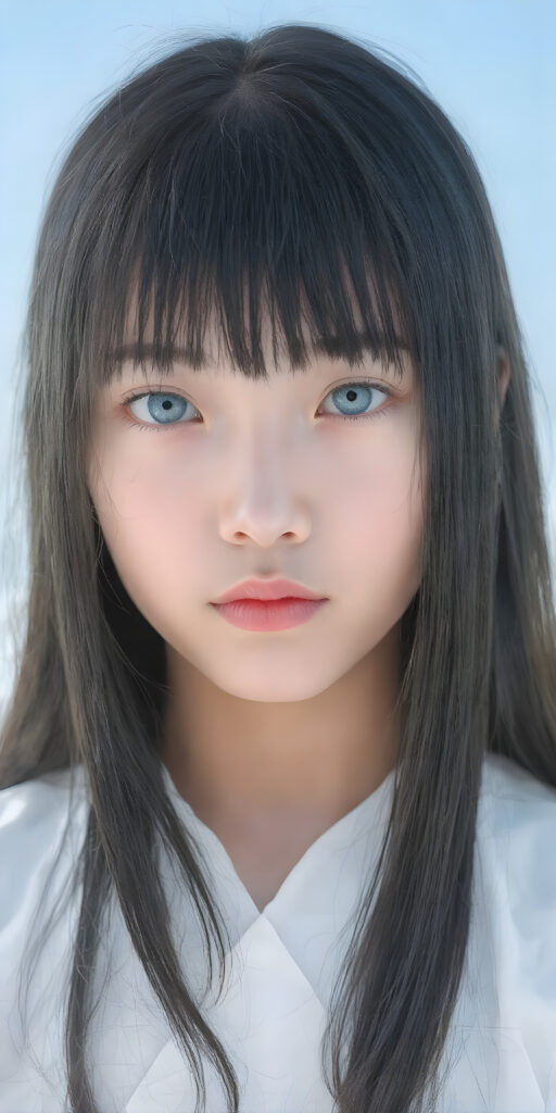 ((full body shot)) from a young girl with long, ((long straight shiny black hair, bangs)), distinctive light blue eyes, and delicate, pale skin. Her features are rendered with great detail, especially her lips, which are full and painted in a realistic (pale) pink color. The girl is dressed in a traditional (white and light blue Ainu dress). The girl's face is perfectly with great detail, showing a serene and natural expression. (((extremely detailed and vivid colors))). The image should be clear and colorful, with a (bright blue sky) that stands out, highlighting the ((distinctive features)) of the (Ainu) people.