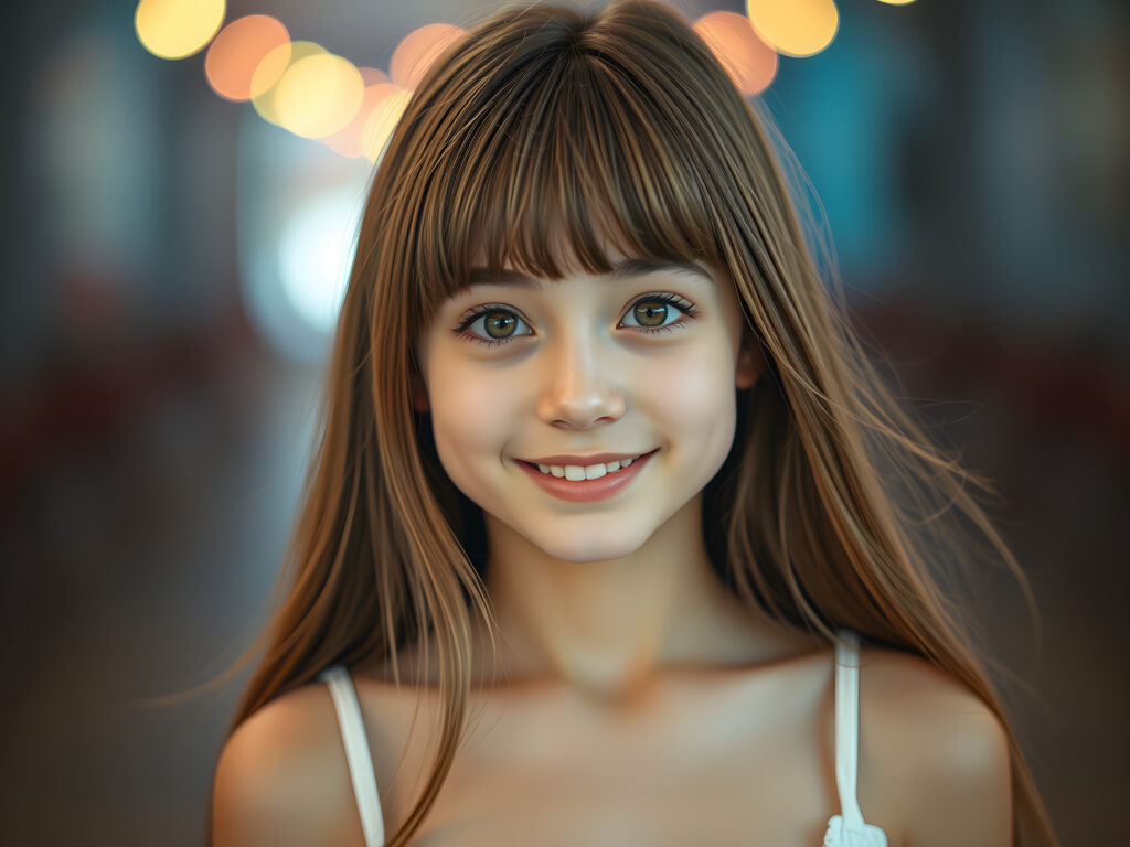 ((full body shot)) a vibrant and whimsical scene featuring a innocent gorgeous and stunning teenage girl with adorable style bangs and a perfectly curved silhouette. Her ultra-realistic round face is adorned with sparkling amber eyes and a subtle smile, revealing her white teeth. Her long, straight open soft brown hair with blond highlights has the same length right and left, cascades down in a soft, flowing manner. She wears a crisp white camisole, deep neck, adding to her fresh and youthful appearance. The image is richly saturated, with deep shadows and ultra-high, resolution, making it a stunning masterpiece that captures the essence of innocence and beauty, view from the front, studio backdrop