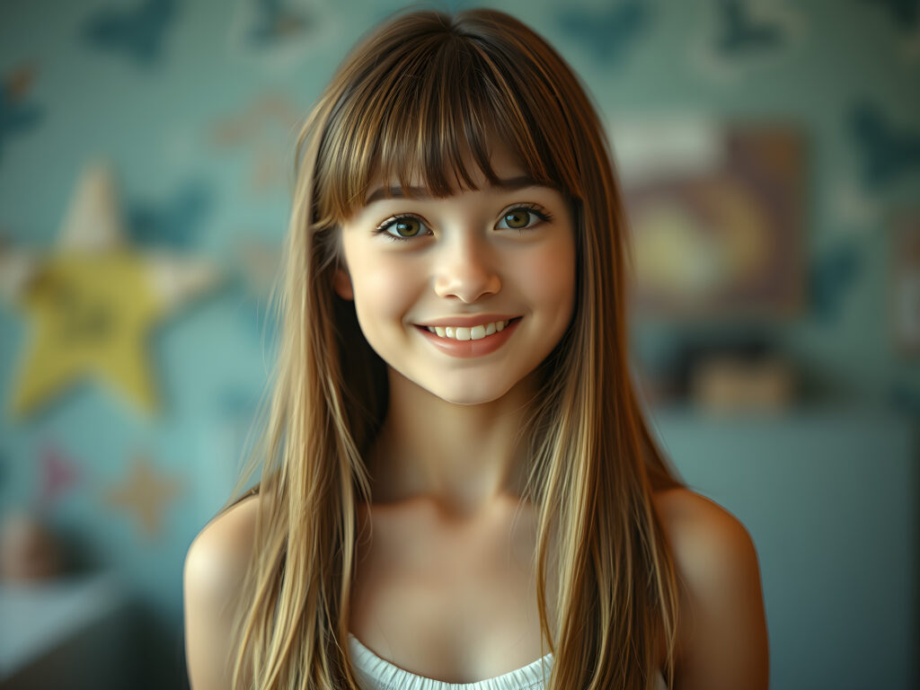 ((full body shot)) a vibrant and whimsical scene featuring a innocent gorgeous and stunning teenage girl with adorable style bangs and a perfectly curved silhouette. Her ultra-realistic round face is adorned with sparkling amber eyes and a subtle smile, revealing her white teeth. Her long, straight open soft brown hair with blond highlights has the same length right and left, cascades down in a soft, flowing manner. She wears a crisp white camisole, deep neck, adding to her fresh and youthful appearance. The image is richly saturated, with deep shadows and ultra-high, resolution, making it a stunning masterpiece that captures the essence of innocence and beauty, view from the front, studio backdrop