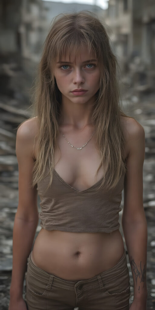 ((full body shot)) a poignant and emotionally resonant image portraying a young, abandoned, and destitute adult busty teen girl, clad in a tattered, short cropped tank top, deep v-neck, short skirt, with very long, messy blond brown wet straight hair, bangs frame her round face, showcasing her pale, emaciated, and slightly skeletal features. She stands in front, looking mournfully at the viewer, she stands in a destroyed and devastated city in the street, photo-realistic, high-resolution image, capturing the essence of a teenager's psychological and emotional state, she has a perfect curved female body, realistic colors, perfect light and shadows, wears a fine silver necklace, shows her perfect belly button