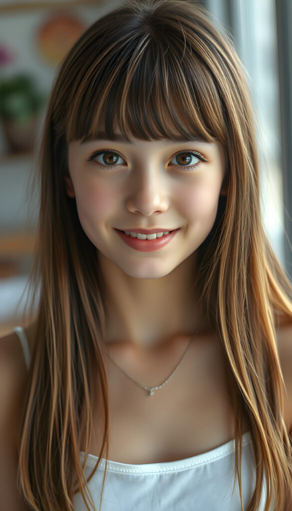 ((full body shot)) a vibrant and whimsical scene featuring a innocent gorgeous and stunning teenage girl with adorable style bangs and a perfectly curved silhouette. Her ultra-realistic round face is adorned with sparkling amber eyes and a subtle smile, revealing her white teeth. Her long, straight open soft brown hair with blond highlights has the same length right and left, cascades down in a soft, flowing manner. She wears a crisp white camisole, deep neck, adding to her fresh and youthful appearance. The image is richly saturated, with deep shadows and ultra-high, resolution, making it a stunning masterpiece that captures the essence of innocence and beauty, view from the front, studio backdrop