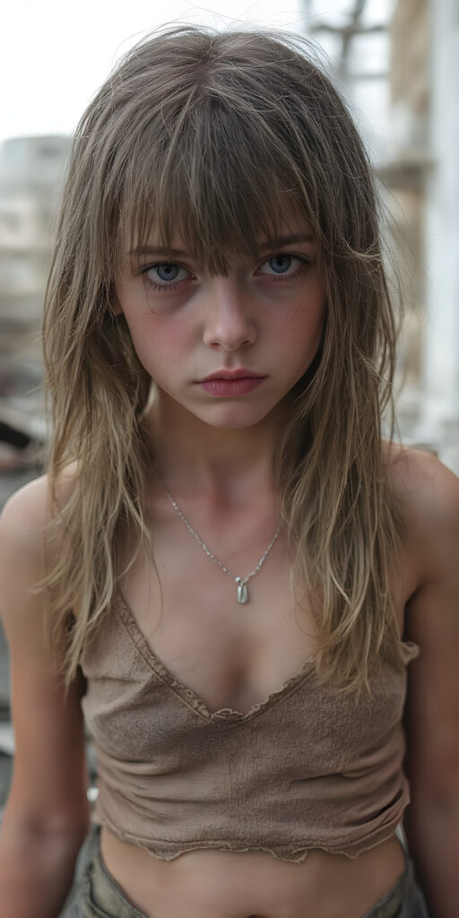 ((full body shot)) a poignant and emotionally resonant image portraying a young, abandoned, and destitute adult busty teen girl, clad in a tattered, short cropped tank top, deep v-neck, short skirt, with very long, messy blond brown wet straight hair, bangs frame her round face, showcasing her pale, emaciated, and slightly skeletal features. She stands in front, looking mournfully at the viewer, she stands in a destroyed and devastated city in the street, photo-realistic, high-resolution image, capturing the essence of a teenager's psychological and emotional state, she has a perfect curved female body, realistic colors, perfect light and shadows, wears a fine silver necklace, shows her perfect belly button