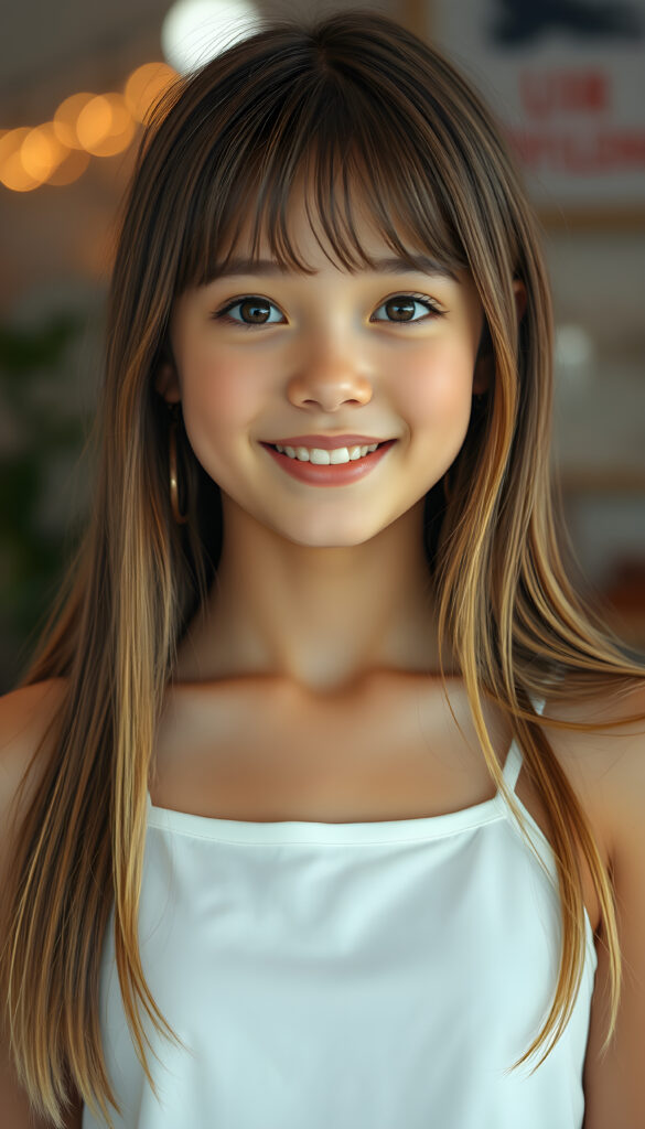 ((full body shot)) a vibrant and whimsical scene featuring a innocent gorgeous and stunning teenage girl with adorable style bangs and a perfectly curved silhouette. Her ultra-realistic round face is adorned with sparkling amber eyes and a subtle smile, revealing her white teeth. Her long, straight open soft brown hair with blond highlights has the same length right and left, cascades down in a soft, flowing manner. She wears a crisp white camisole, deep neck, adding to her fresh and youthful appearance. The image is richly saturated, with deep shadows and ultra-high, resolution, making it a stunning masterpiece that captures the essence of innocence and beauty, view from the front, studio backdrop