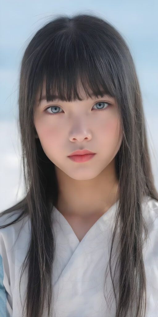 ((full body shot)) from a young girl with long, ((long straight shiny black hair, bangs)), distinctive light blue eyes, and delicate, pale skin. Her features are rendered with great detail, especially her lips, which are full and painted in a realistic (pale) pink color. The girl is dressed in a traditional (white and light blue Ainu dress). The girl's face is perfectly with great detail, showing a serene and natural expression. (((extremely detailed and vivid colors))). The image should be clear and colorful, with a (bright blue sky) that stands out, highlighting the ((distinctive features)) of the (Ainu) people.