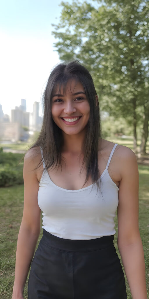 ((full body shot)) a girl, 21 years old, straight black hair, short tank top deep neck, short black skirt, white shoes, smile very happy, white teeth, she is in a sunny green park, skyline in backdrop, detailed belly button
