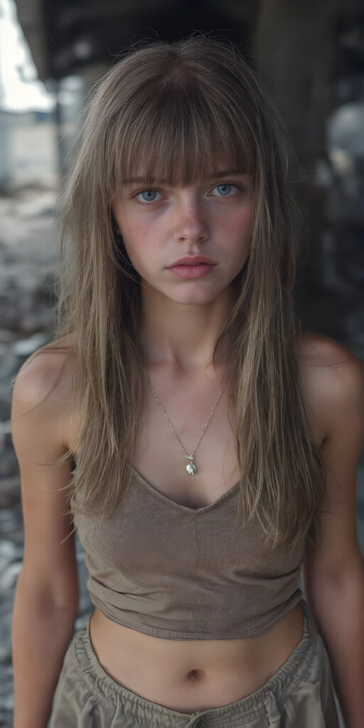 ((full body shot)) a poignant and emotionally resonant image portraying a young, abandoned, and destitute adult busty teen girl, clad in a tattered, short cropped tank top, deep v-neck, short skirt, with very long, messy blond brown wet straight hair, bangs frame her round face, showcasing her pale, emaciated, and slightly skeletal features. She stands in front, looking mournfully at the viewer, she stands in a destroyed and devastated city in the street, photo-realistic, high-resolution image, capturing the essence of a teenager's psychological and emotional state, she has a perfect curved female body, realistic colors, perfect light and shadows, wears a fine silver necklace, shows her perfect belly button