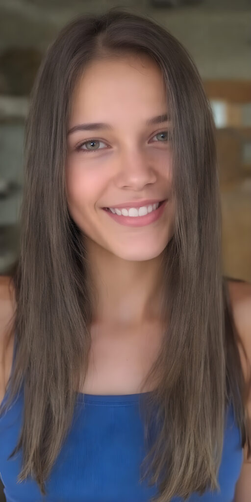 ((full body shot)) a joyfully cute (((young adult girl))), with long, soft straight dark (((hair))), the hair falls gently over her upper body and is the same length on both sides, exquisitely detailed amber eyes, dressed in a sleek, form-fitting blue (((crop tank top))), her expression radiating pure elation towards the viewer, detailed, realistic, 4k