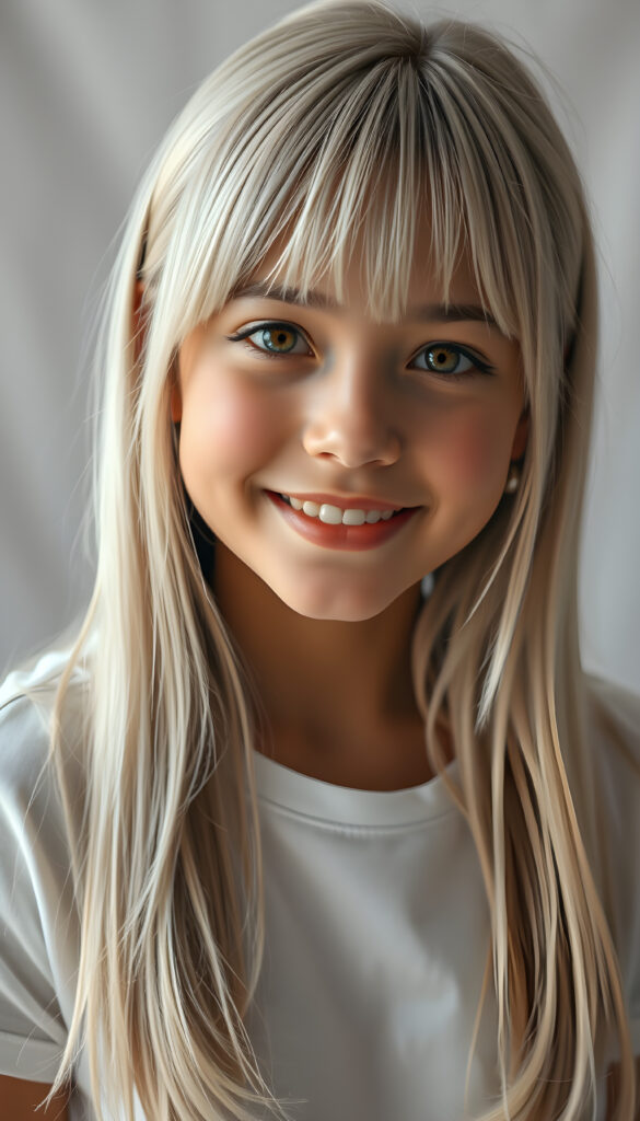 ((full body shot)) a vibrant and whimsical scene featuring a innocent teenage girl with adorable style bangs and a perfectly curved silhouette. Her ultra-realistic round face is adorned with sparkling amber eyes and a subtle smile, revealing her white teeth. Her long, straight open soft white hair cascades down in a soft, flowing manner. She wears a crisp white t-shirt, deep neck, adding to her fresh and youthful appearance. The image is richly saturated, with deep shadows and ultra-high, resolution, making it a stunning masterpiece that captures the essence of innocence and beauty, view from the front, studio backdrop