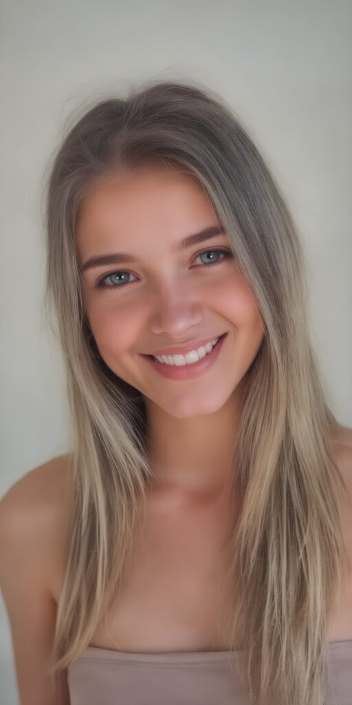 ((full body shot)) a joyfully gazing (((young adult girl))), with long, soft, straight (((hair))), exquisitely detailed eyes, dressed in a sleek, form-fitting (((crop top))), her expression radiating pure elation towards the viewer