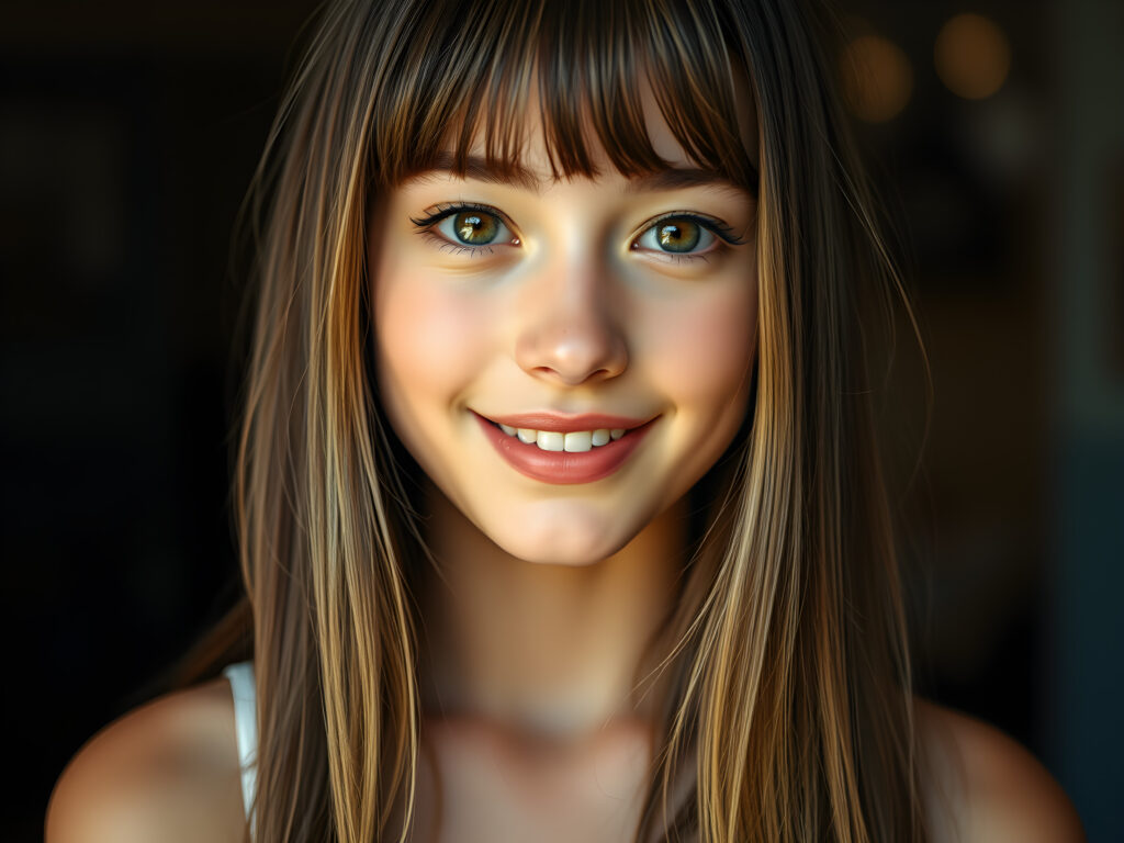 ((full body shot)) a vibrant and whimsical scene featuring a innocent gorgeous and stunning teenage girl with adorable style bangs and a perfectly curved silhouette. Her ultra-realistic round face is adorned with sparkling amber eyes and a subtle smile, revealing her white teeth. Her long, straight open soft brown hair with blond highlights has the same length right and left, cascades down in a soft, flowing manner. She wears a crisp white camisole, deep neck, adding to her fresh and youthful appearance. The image is richly saturated, with deep shadows and ultra-high, resolution, making it a stunning masterpiece that captures the essence of innocence and beauty, view from the front, studio backdrop