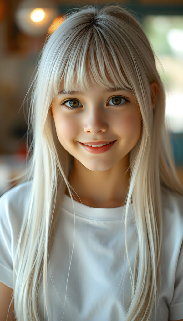 ((full body shot)) a vibrant and whimsical scene featuring a innocent teenage girl with adorable style bangs and a perfectly curved silhouette. Her ultra-realistic round face is adorned with sparkling amber eyes and a subtle smile, revealing her white teeth. Her long, straight open soft white hair cascades down in a soft, flowing manner. She wears a crisp white t-shirt, deep neck, adding to her fresh and youthful appearance. The image is richly saturated, with deep shadows and ultra-high, resolution, making it a stunning masterpiece that captures the essence of innocence and beauty, view from the front, studio backdrop