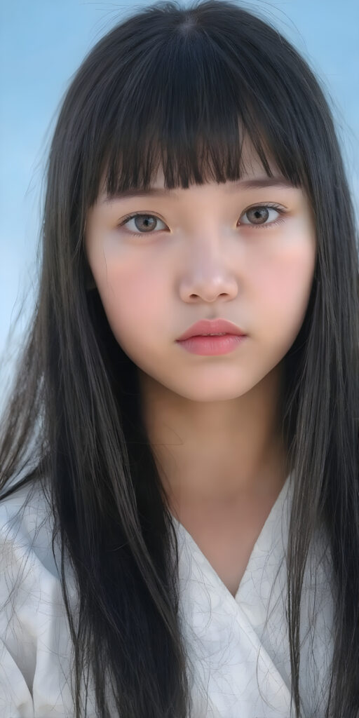 ((full body shot)) from a young girl with long, ((long straight shiny black hair, bangs)), distinctive light blue eyes, and delicate, pale skin. Her features are rendered with great detail, especially her lips, which are full and painted in a realistic (pale) pink color. The girl is dressed in a traditional (white and light blue Ainu dress). The girl's face is perfectly with great detail, showing a serene and natural expression. (((extremely detailed and vivid colors))). The image should be clear and colorful, with a (bright blue sky) that stands out, highlighting the ((distinctive features)) of the (Ainu) people.