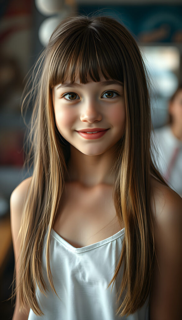((full body shot)) a vibrant and whimsical scene featuring a innocent gorgeous and stunning teenage girl with adorable style bangs and a perfectly curved silhouette. Her ultra-realistic round face is adorned with sparkling amber eyes and a subtle smile, revealing her white teeth. Her long, straight open soft brown hair with blond highlights has the same length right and left, cascades down in a soft, flowing manner. She wears a crisp white camisole, deep neck, adding to her fresh and youthful appearance. The image is richly saturated, with deep shadows and ultra-high, resolution, making it a stunning masterpiece that captures the essence of innocence and beauty, view from the front, studio backdrop