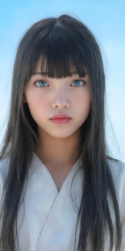 ((full body shot)) from a young girl with long, ((long straight shiny black hair, bangs)), distinctive light blue eyes, and delicate, pale skin. Her features are rendered with great detail, especially her lips, which are full and painted in a realistic (pale) pink color. The girl is dressed in a traditional (white and light blue Ainu dress). The girl's face is perfectly with great detail, showing a serene and natural expression. (((extremely detailed and vivid colors))). The image should be clear and colorful, with a (bright blue sky) that stands out, highlighting the ((distinctive features)) of the (Ainu) people.