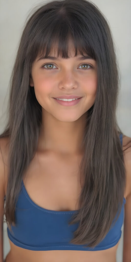 ((full body shot)) a joyfully cute (((young tanned teen girl))), with long, soft straight black (((hair))), the hair falls gently over her upper body and is the same length on both sides, bangs cut frame her round face, exquisitely detailed amber eyes, dressed in a sleek, form-fitting blue (((crop tank top))), she has a perfect curved fit body, full lips, her expression radiating pure elation towards the viewer, detailed, realistic, 4k