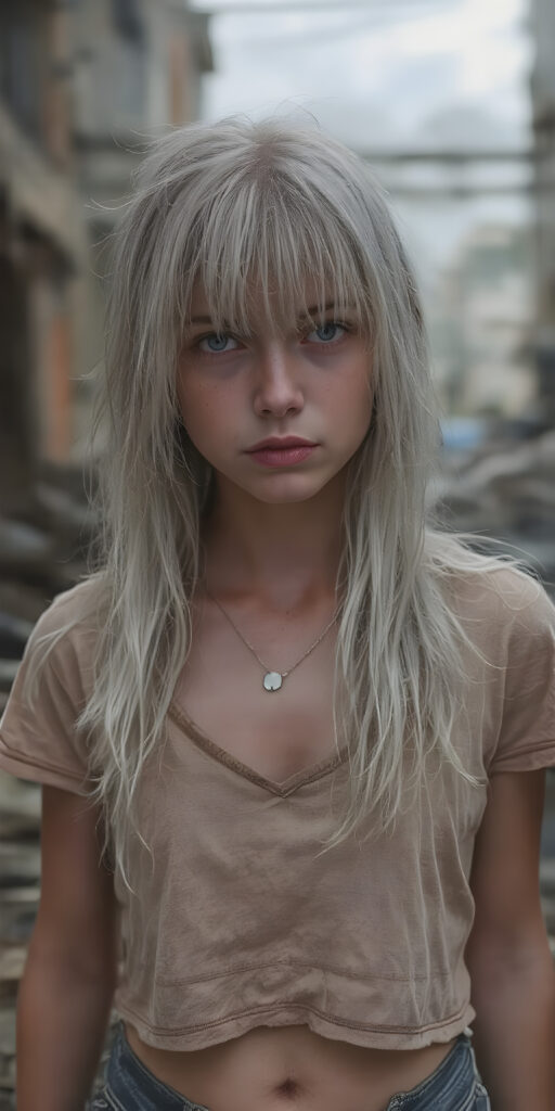 ((full body shot)) a poignant and emotionally resonant image portraying a young, abandoned, and destitute petite busty teen girl, clad in a tattered, short cropped t-shirt, deep v-neck, with very long, messy white wet straight hair, bangs frame her round face, showcasing her pale, emaciated, and slightly skeletal features. She stands in front, looking mournfully at the viewer, she stands in a destroyed and devastated city in the street, photo-realistic, high-resolution image, capturing the essence of a teenager's psychological and emotional state, she has a perfect curved female body, realistic colors, perfect light and shadows, wears a fine silver necklace, shows her perfect belly button
