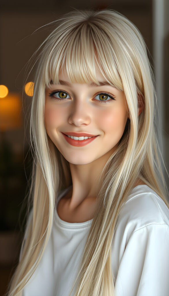 ((full body shot)) a vibrant and whimsical scene featuring a innocent teenage girl with adorable style bangs and a perfectly curved silhouette. Her ultra-realistic round face is adorned with sparkling amber eyes and a subtle smile, revealing her white teeth. Her long, straight open soft white hair cascades down in a soft, flowing manner. She wears a crisp white t-shirt, deep neck, adding to her fresh and youthful appearance. The image is richly saturated, with deep shadows and ultra-high, resolution, making it a stunning masterpiece that captures the essence of innocence and beauty, view from the front, studio backdrop
