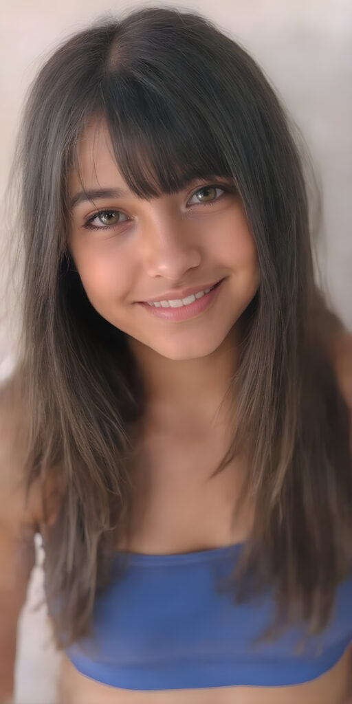 ((full body shot)) a joyfully cute (((young tanned teen girl))), with long, soft straight black (((hair))), the hair falls gently over her upper body and is the same length on both sides, exquisitely detailed amber eyes, dressed in a sleek, form-fitting blue (((crop tank top))), she has a perfect curved fit body, full lips, her expression radiating pure elation towards the viewer, detailed, realistic, 4k