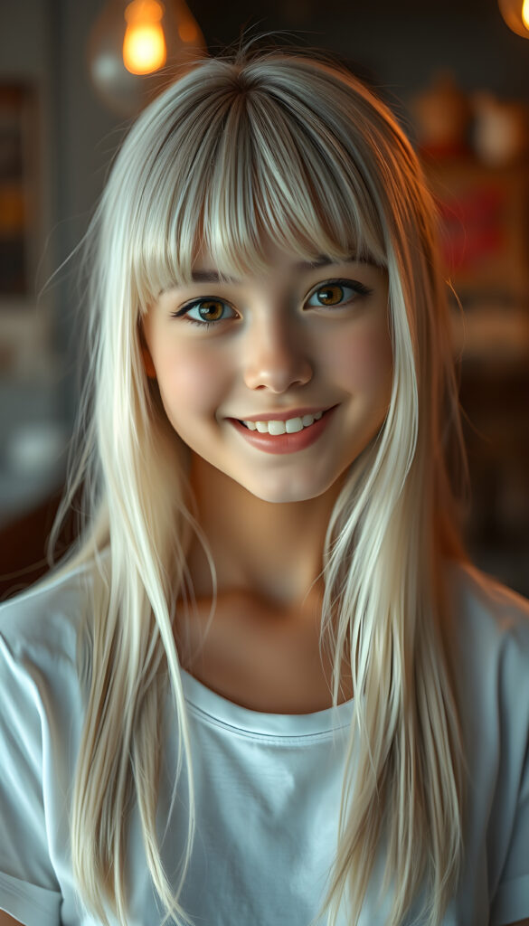 ((full body shot)) a vibrant and whimsical scene featuring a innocent teenage girl with adorable style bangs and a perfectly curved silhouette. Her ultra-realistic round face is adorned with sparkling amber eyes and a subtle smile, revealing her white teeth. Her long, straight open soft white hair cascades down in a soft, flowing manner. She wears a crisp white t-shirt, deep neck, adding to her fresh and youthful appearance. The image is richly saturated, with deep shadows and ultra-high, resolution, making it a stunning masterpiece that captures the essence of innocence and beauty, view from the front, studio backdrop