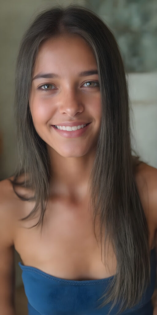 ((full body shot)) a joyfully cute (((young tanned teen girl))), with long, soft straight black (((hair))), the hair falls gently over her upper body and is the same length on both sides, exquisitely detailed amber eyes, dressed in a sleek, form-fitting blue (((crop tank top))), she has a perfect curved fit body, full lips, her expression radiating pure elation towards the viewer, detailed, realistic, 4k