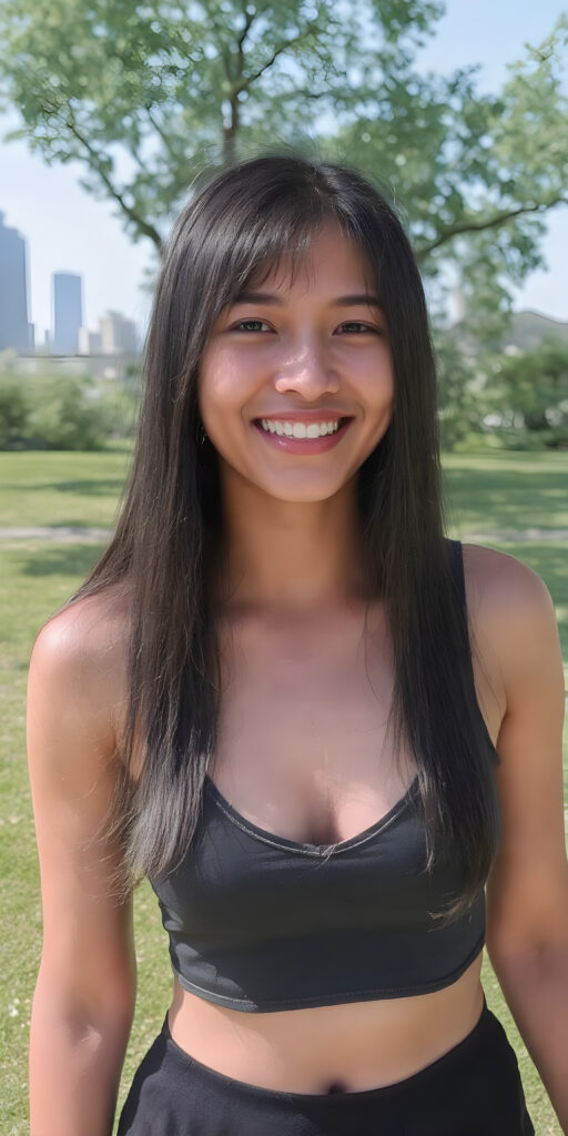 ((full body shot)) a girl, 21 years old, straight black hair, short tank top deep neck, short black skirt, white shoes, smile very happy, white teeth, she is in a sunny green park, skyline in backdrop, detailed belly button