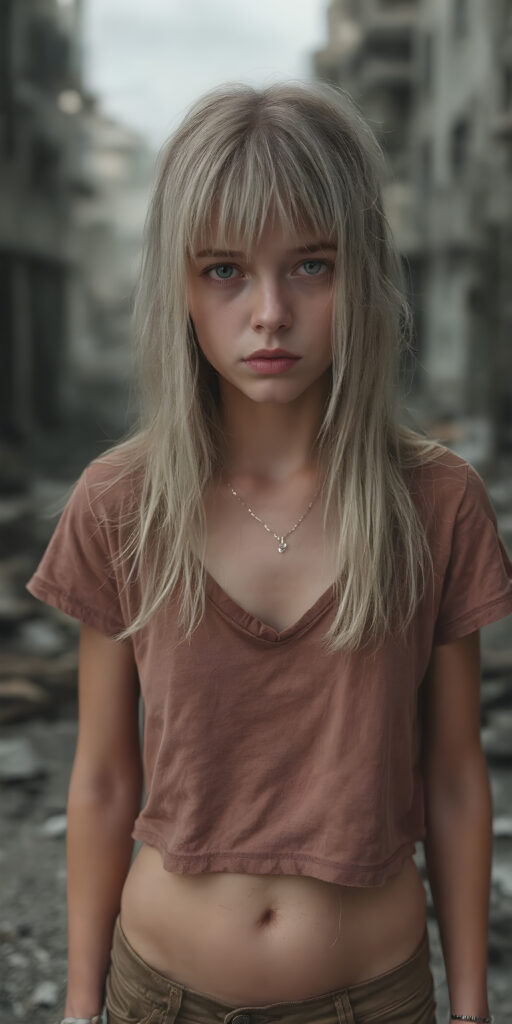 ((full body shot)) a poignant and emotionally resonant image portraying a young, abandoned, and destitute petite busty teen girl, clad in a tattered, short cropped t-shirt, deep v-neck, with very long, messy white wet straight hair, bangs frame her round face, showcasing her pale, emaciated, and slightly skeletal features. She stands in front, looking mournfully at the viewer, she stands in a destroyed and devastated city in the street, photo-realistic, high-resolution image, capturing the essence of a teenager's psychological and emotional state, she has a perfect curved female body, realistic colors, perfect light and shadows, wears a fine silver necklace, shows her perfect belly button