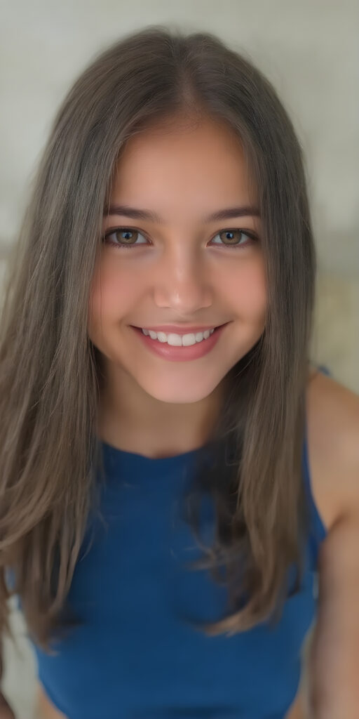 ((full body shot)) a joyfully cute (((young adult girl))), with long, soft straight dark (((hair))), the hair falls gently over her upper body and is the same length on both sides, exquisitely detailed amber eyes, dressed in a sleek, form-fitting blue (((crop tank top))), her expression radiating pure elation towards the viewer, detailed, realistic, 4k