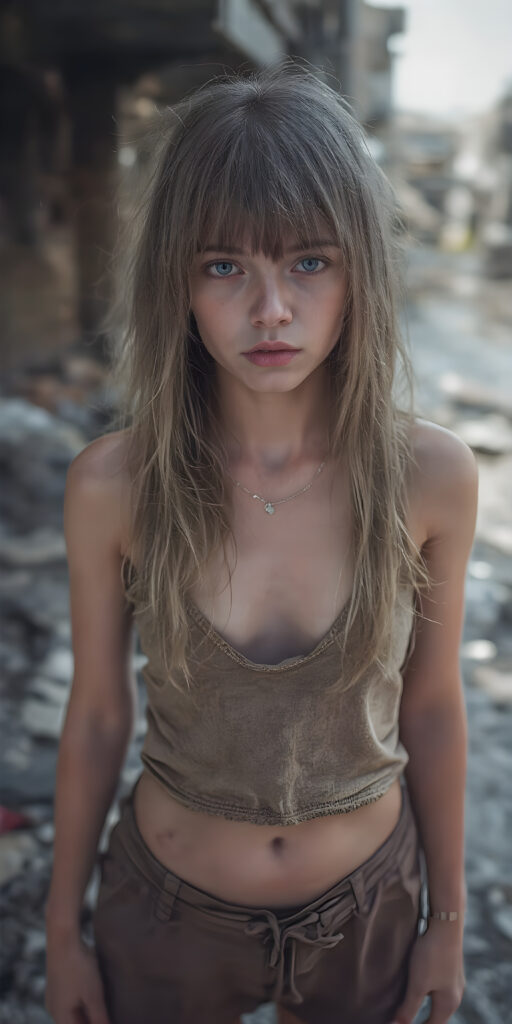 ((full body shot)) a poignant and emotionally resonant image portraying a young, abandoned, and destitute adult busty teen girl, clad in a tattered, short cropped tank top, deep v-neck, short skirt, with very long, messy blond brown wet straight hair, bangs frame her round face, showcasing her pale, emaciated, and slightly skeletal features. She stands in front, looking mournfully at the viewer, she stands in a destroyed and devastated city in the street, photo-realistic, high-resolution image, capturing the essence of a teenager's psychological and emotional state, she has a perfect curved female body, realistic colors, perfect light and shadows, wears a fine silver necklace, shows her perfect belly button
