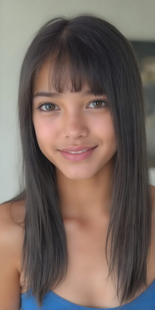 ((full body shot)) a joyfully cute (((young tanned teen girl))), with long, soft straight black (((hair))), the hair falls gently over her upper body and is the same length on both sides, bangs cut frame her round face, exquisitely detailed amber eyes, dressed in a sleek, form-fitting blue (((crop tank top))), she has a perfect curved fit body, full lips, her expression radiating pure elation towards the viewer, detailed, realistic, 4k
