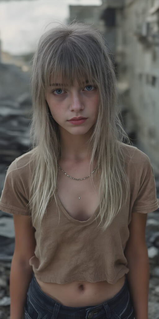 ((full body shot)) a poignant and emotionally resonant image portraying a young, abandoned, and destitute petite busty teen girl, clad in a tattered, short cropped t-shirt, deep v-neck, with very long, messy white wet straight hair, bangs frame her round face, showcasing her pale, emaciated, and slightly skeletal features. She stands in front, looking mournfully at the viewer, she stands in a destroyed and devastated city in the street, photo-realistic, high-resolution image, capturing the essence of a teenager's psychological and emotional state, she has a perfect curved female body, realistic colors, perfect light and shadows, wears a fine silver necklace, shows her perfect belly button