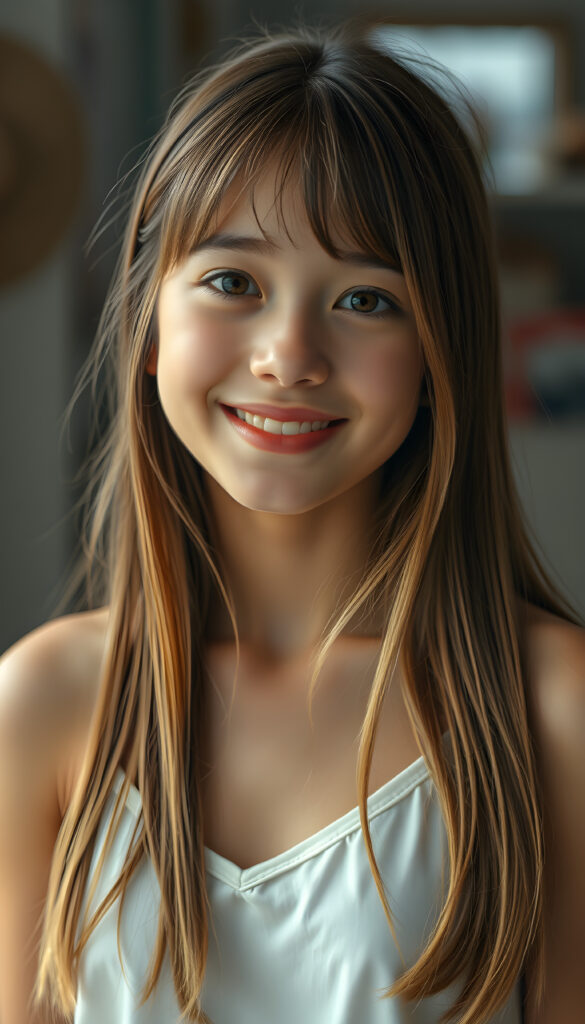 ((full body shot)) a vibrant and whimsical scene featuring a innocent gorgeous and stunning teenage girl with adorable style bangs and a perfectly curved silhouette. Her ultra-realistic round face is adorned with sparkling amber eyes and a subtle smile, revealing her white teeth. Her long, straight open soft brown hair with blond highlights has the same length right and left, cascades down in a soft, flowing manner. She wears a crisp white camisole, deep neck, adding to her fresh and youthful appearance. The image is richly saturated, with deep shadows and ultra-high, resolution, making it a stunning masterpiece that captures the essence of innocence and beauty, view from the front, studio backdrop