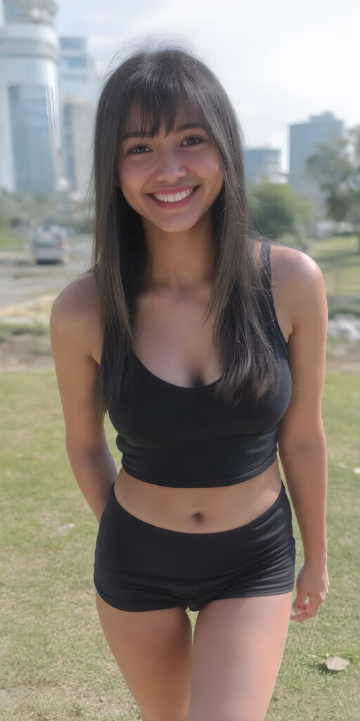 ((full body shot)) a girl, 21 years old, straight black hair, short tank top deep neck, short black skirt, white shoes, smile very happy, white teeth, she is in a sunny green park, skyline in backdrop, detailed belly button