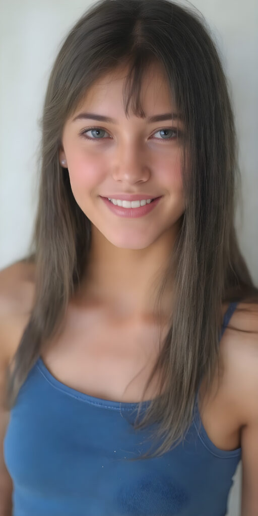 ((full body shot)) a joyfully cute (((young adult girl))), with long, soft straight dark (((hair))), the hair falls gently over her upper body and is the same length on both sides, exquisitely detailed amber eyes, dressed in a sleek, form-fitting blue (((crop tank top))), her expression radiating pure elation towards the viewer, detailed, realistic, 4k