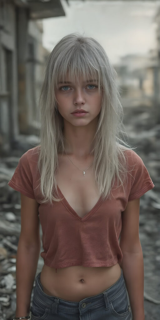 ((full body shot)) a poignant and emotionally resonant image portraying a young, abandoned, and destitute petite busty teen girl, clad in a tattered, short cropped t-shirt, deep v-neck, with very long, messy white wet straight hair, bangs frame her round face, showcasing her pale, emaciated, and slightly skeletal features. She stands in front, looking mournfully at the viewer, she stands in a destroyed and devastated city in the street, photo-realistic, high-resolution image, capturing the essence of a teenager's psychological and emotional state, she has a perfect curved female body, realistic colors, perfect light and shadows, wears a fine silver necklace, shows her perfect belly button