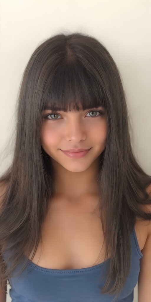 ((full body shot)) a joyfully cute (((young tanned teen girl))), with long, soft straight black (((hair))), the hair falls gently over her upper body and is the same length on both sides, bangs cut frame her round face, exquisitely detailed amber eyes, dressed in a sleek, form-fitting blue (((crop tank top))), she has a perfect curved fit body, full lips, her expression radiating pure elation towards the viewer, detailed, realistic, 4k