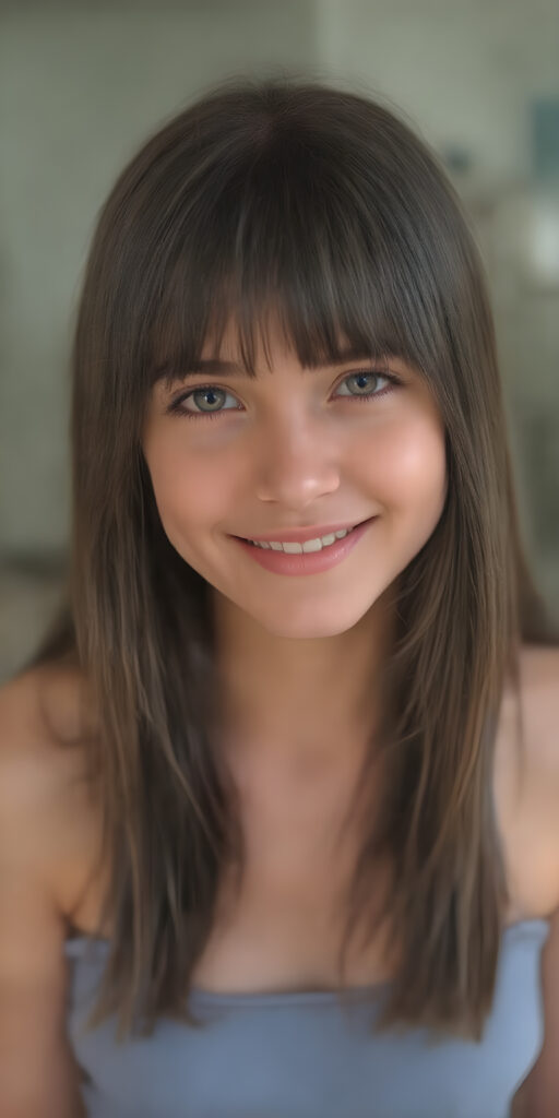 ((full body shot)) a joyfully cute (((young adult girl))), with long, soft straight dark (((hair))), the hair falls gently over her upper body and is the same length on both sides, exquisitely detailed amber eyes, dressed in a sleek, form-fitting blue (((crop tank top))), her expression radiating pure elation towards the viewer, detailed, realistic, 4k