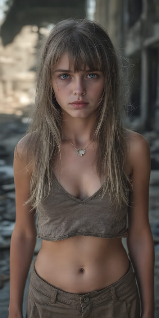 ((full body shot)) a poignant and emotionally resonant image portraying a young, abandoned, and destitute adult busty teen girl, clad in a tattered, short cropped tank top, deep v-neck, short skirt, with very long, messy blond brown wet straight hair, bangs frame her round face, showcasing her pale, emaciated, and slightly skeletal features. She stands in front, looking mournfully at the viewer, she stands in a destroyed and devastated city in the street, photo-realistic, high-resolution image, capturing the essence of a teenager's psychological and emotional state, she has a perfect curved female body, realistic colors, perfect light and shadows, wears a fine silver necklace, shows her perfect belly button