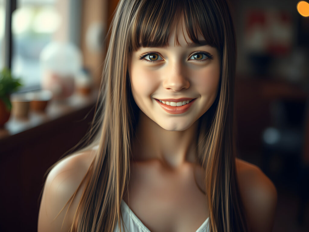 ((full body shot)) a vibrant and whimsical scene featuring a innocent gorgeous and stunning teenage girl with adorable style bangs and a perfectly curved silhouette. Her ultra-realistic round face is adorned with sparkling amber eyes and a subtle smile, revealing her white teeth. Her long, straight open soft brown hair with blond highlights has the same length right and left, cascades down in a soft, flowing manner. She wears a crisp white camisole, deep neck, adding to her fresh and youthful appearance. The image is richly saturated, with deep shadows and ultra-high, resolution, making it a stunning masterpiece that captures the essence of innocence and beauty, view from the front, studio backdrop