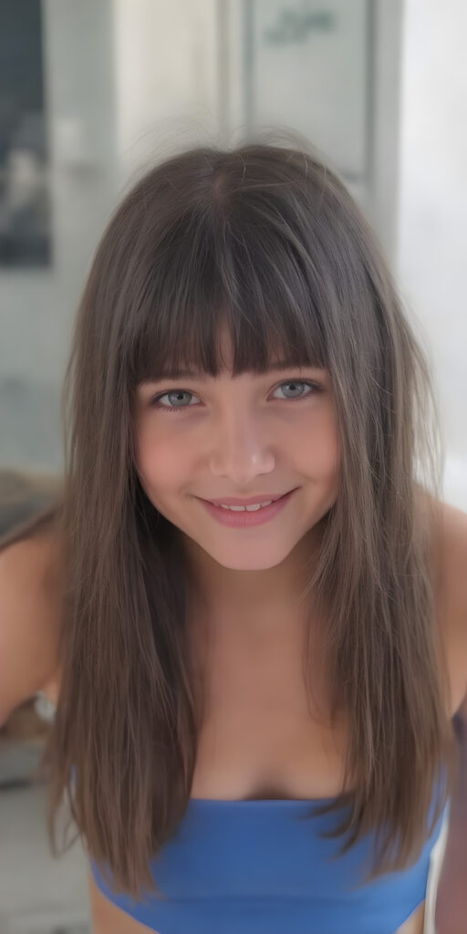 ((full body shot)) a joyfully cute (((young tanned teen girl))), with long, soft straight black (((hair))), the hair falls gently over her upper body and is the same length on both sides, bangs cut frame her round face, exquisitely detailed amber eyes, dressed in a sleek, form-fitting blue (((crop tank top))), she has a perfect curved fit body, full lips, her expression radiating pure elation towards the viewer, detailed, realistic, 4k