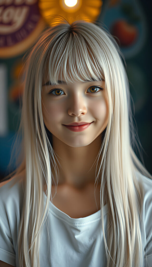 ((full body shot)) a vibrant and whimsical scene featuring a innocent teenage girl with adorable style bangs and a perfectly curved silhouette. Her ultra-realistic round face is adorned with sparkling amber eyes and a subtle smile, revealing her white teeth. Her long, straight open soft white hair cascades down in a soft, flowing manner. She wears a crisp white t-shirt, deep neck, adding to her fresh and youthful appearance. The image is richly saturated, with deep shadows and ultra-high, resolution, making it a stunning masterpiece that captures the essence of innocence and beauty, view from the front, studio backdrop
