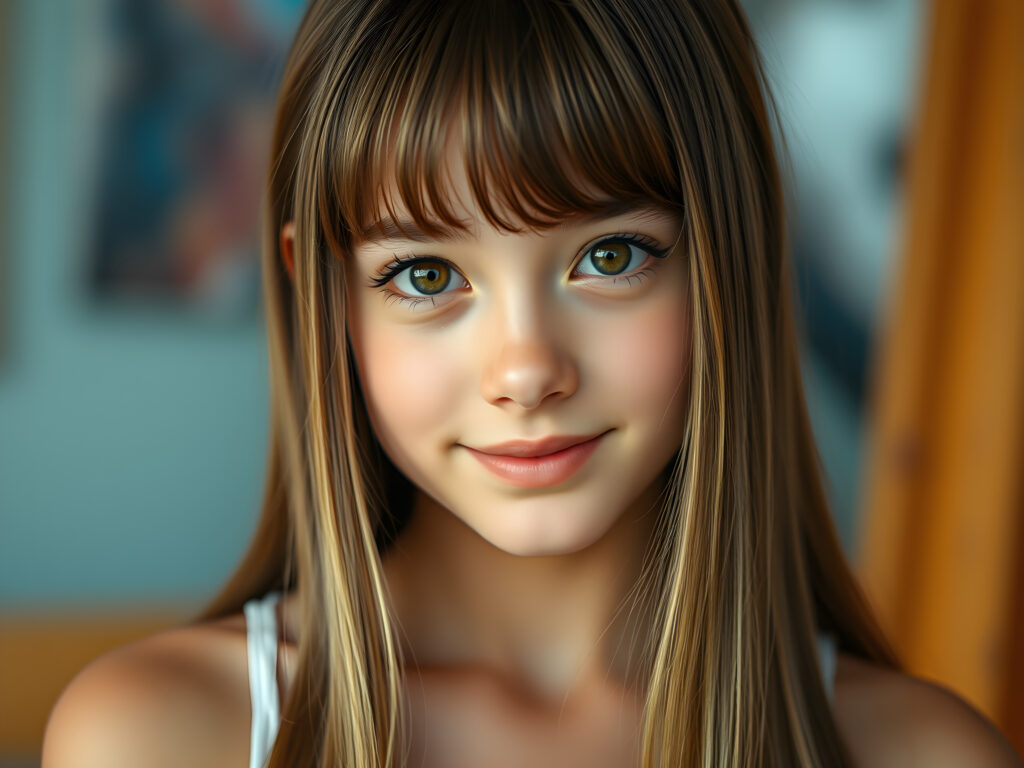 ((full body shot)) a vibrant and whimsical scene featuring a innocent gorgeous and stunning teenage girl with adorable style bangs and a perfectly curved silhouette. Her ultra-realistic round face is adorned with sparkling amber eyes and a subtle smile, revealing her white teeth. Her long, straight open soft brown hair with blond highlights has the same length right and left, cascades down in a soft, flowing manner. She wears a crisp white camisole, deep neck, adding to her fresh and youthful appearance. The image is richly saturated, with deep shadows and ultra-high, resolution, making it a stunning masterpiece that captures the essence of innocence and beauty, view from the front, studio backdrop