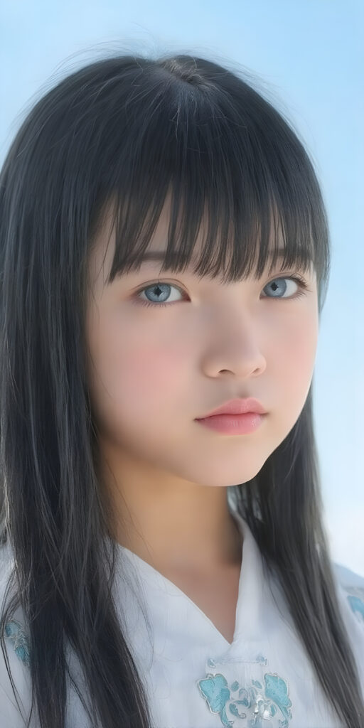 ((full body shot)) from a young girl with long, ((long straight shiny black hair, bangs)), distinctive light blue eyes, and delicate, pale skin. Her features are rendered with great detail, especially her lips, which are full and painted in a realistic (pale) pink color. The girl is dressed in a traditional (white and light blue Ainu dress). The girl's face is perfectly with great detail, showing a serene and natural expression. (((extremely detailed and vivid colors))). The image should be clear and colorful, with a (bright blue sky) that stands out, highlighting the ((distinctive features)) of the (Ainu) people.
