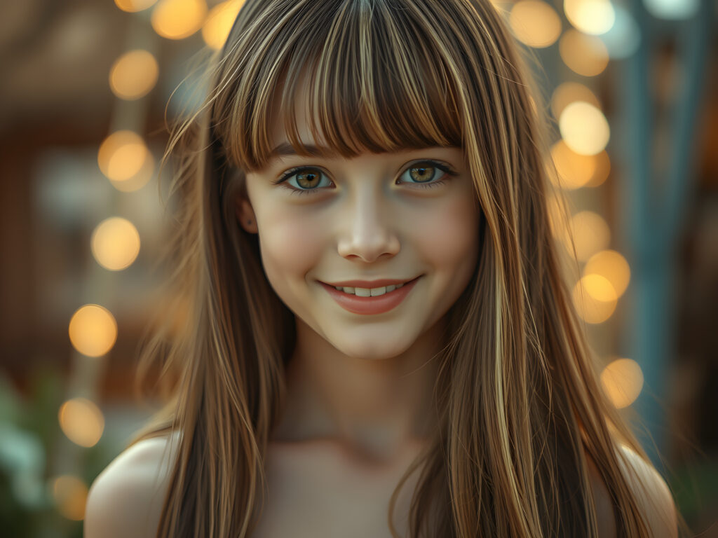 ((full body shot)) a vibrant and whimsical scene featuring a innocent gorgeous and stunning teenage girl with adorable style bangs and a perfectly curved silhouette. Her ultra-realistic round face is adorned with sparkling amber eyes and a subtle smile, revealing her white teeth. Her long, straight open soft brown hair with blond highlights has the same length right and left, cascades down in a soft, flowing manner. She wears a crisp white camisole, deep neck, adding to her fresh and youthful appearance. The image is richly saturated, with deep shadows and ultra-high, resolution, making it a stunning masterpiece that captures the essence of innocence and beauty, view from the front, studio backdrop