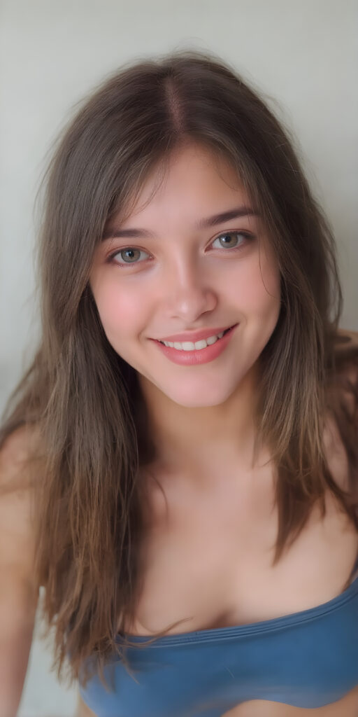 ((full body shot)) a joyfully cute (((young adult girl))), with long, soft straight dark (((hair))), the hair falls gently over her upper body and is the same length on both sides, exquisitely detailed amber eyes, dressed in a sleek, form-fitting blue (((crop tank top))), her expression radiating pure elation towards the viewer, detailed, realistic, 4k